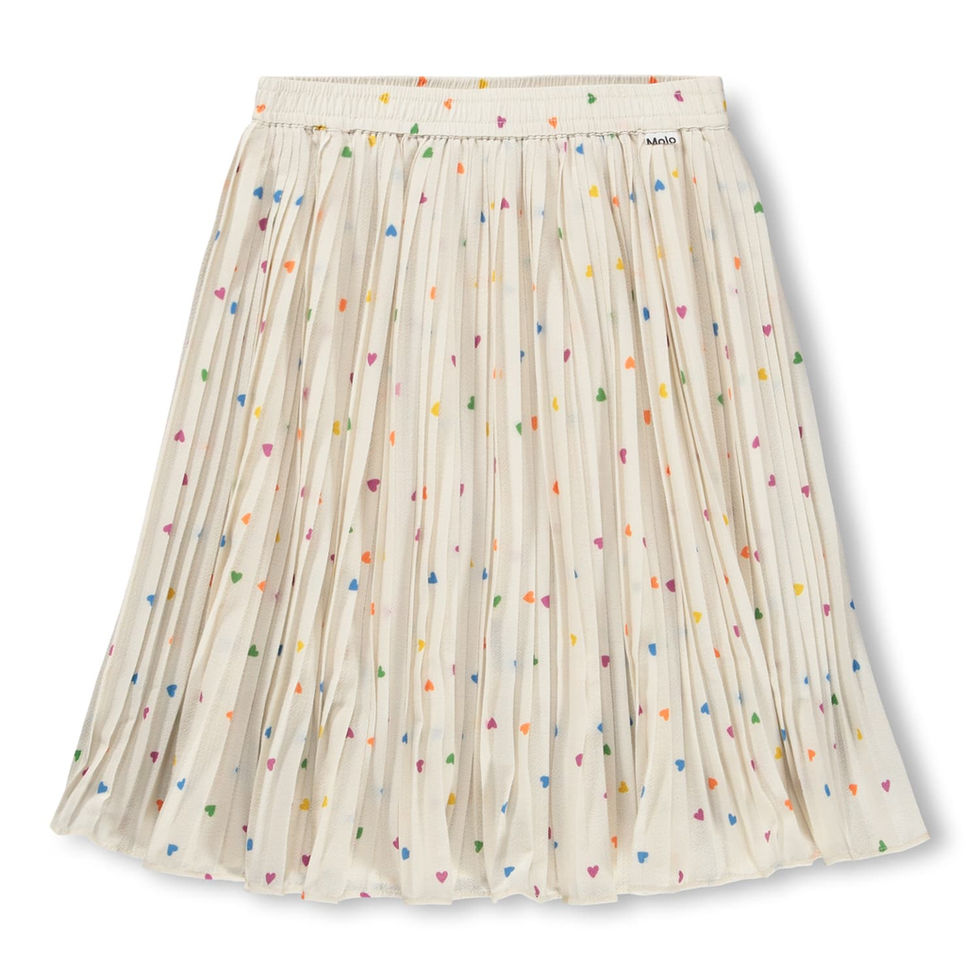 Cream children’s pleated skirt with an elastic waistband and multicolored confetti-style print.