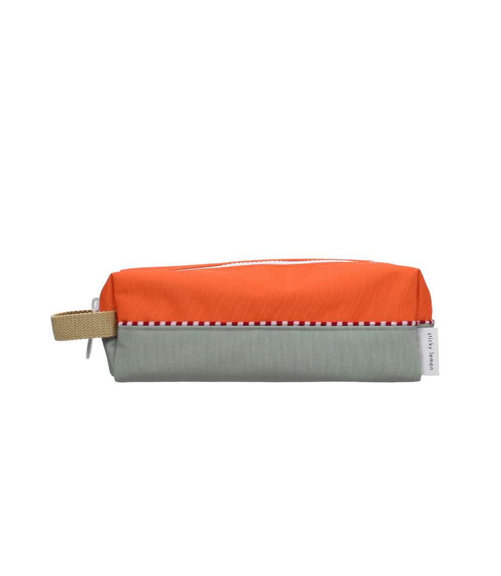 Sticky Lemon pencil case in Lifebuoy Orange and Shark Grey with a fun colorblock design and zip closure.