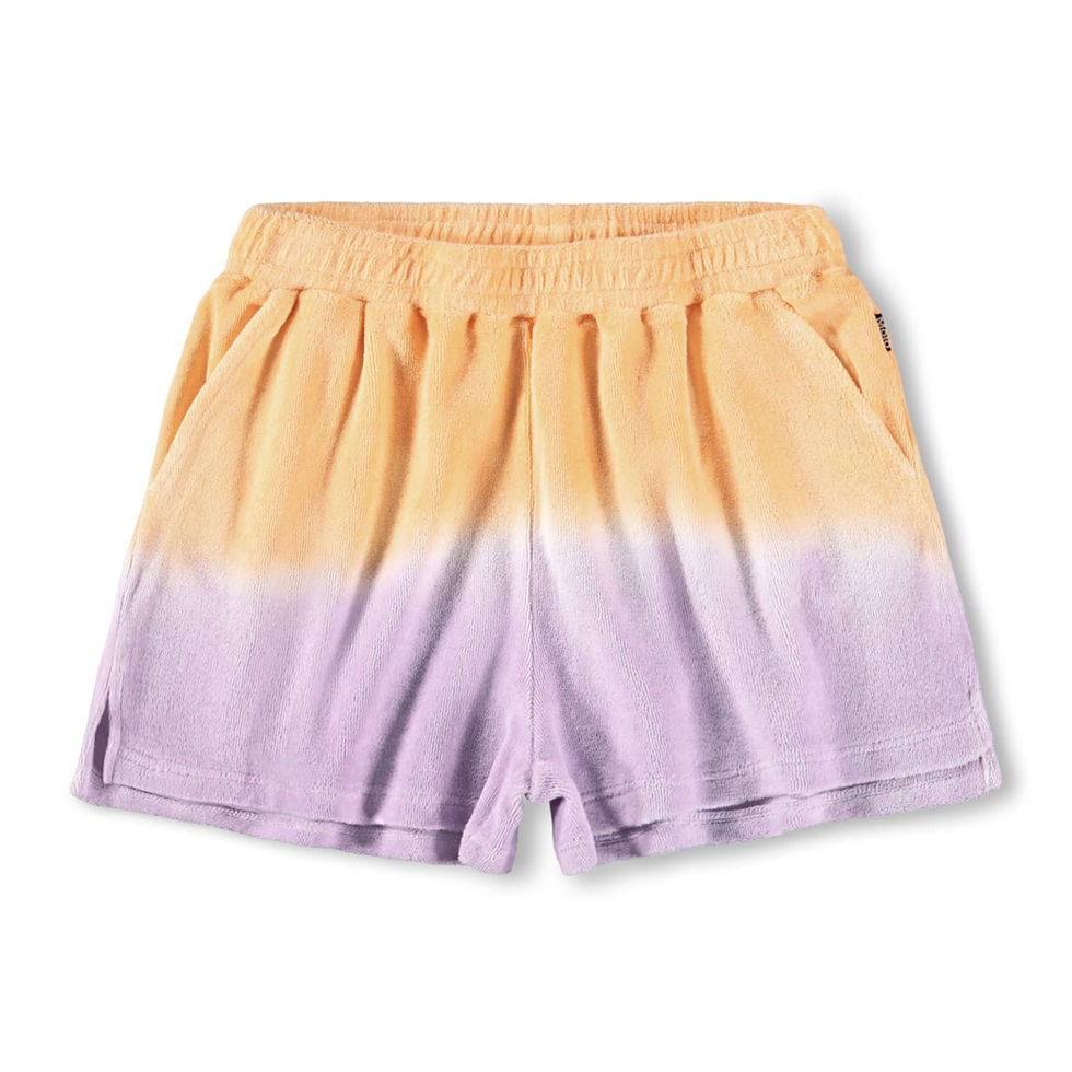 Children’s shorts with a soft gradient from peach to light purple and an elastic waistband.