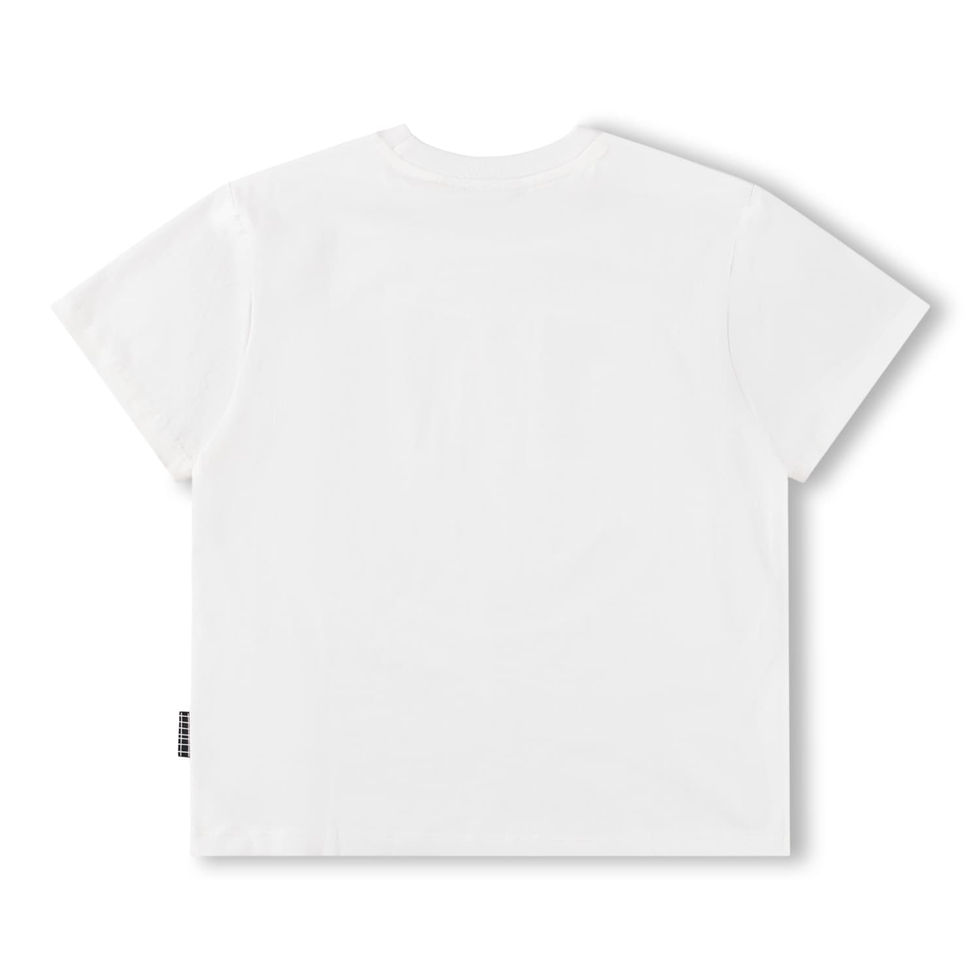 Back view of the white T-shirt with short sleeves.