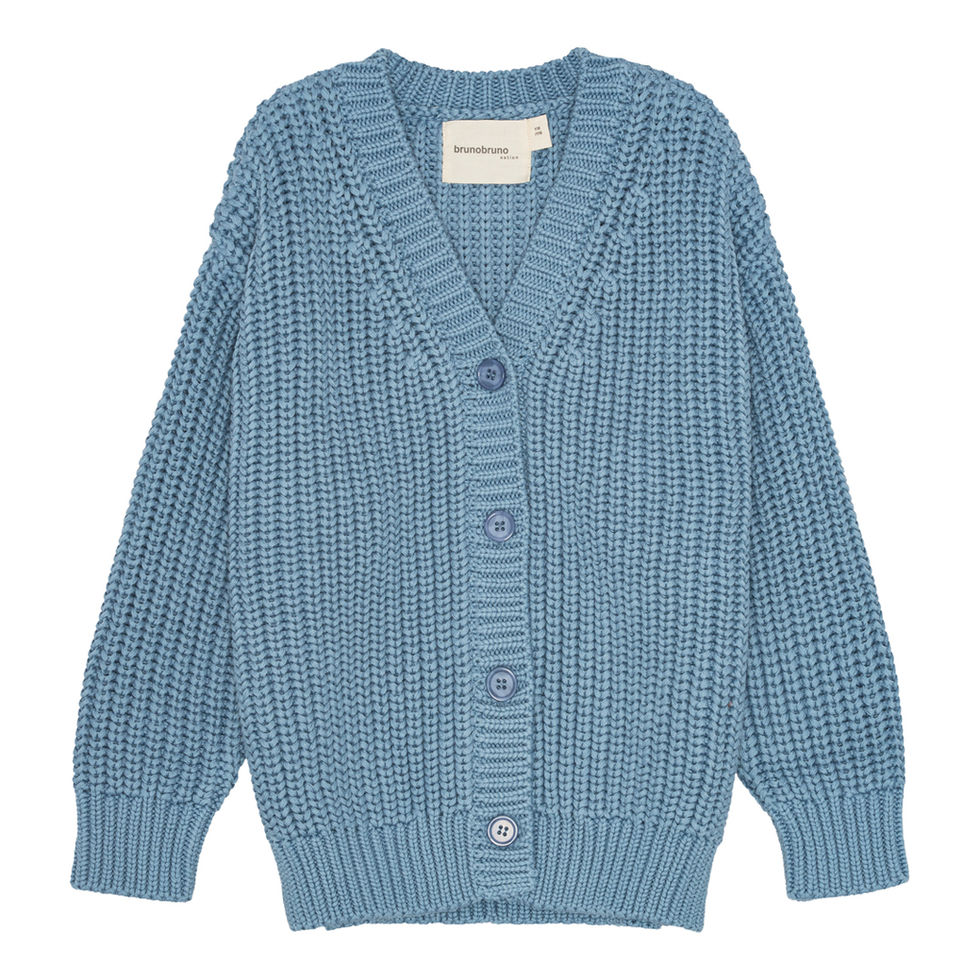 Blue knitted children’s cardigan with a textured pattern, front buttons, and ribbed cuffs and hem, displayed on a plain backg