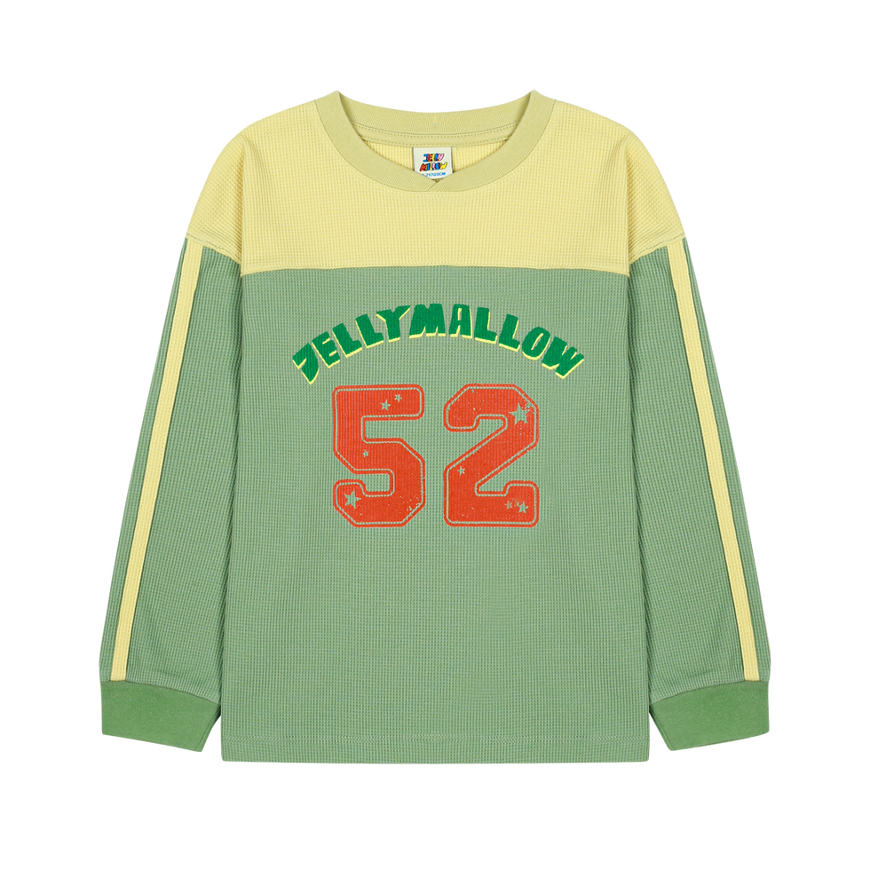 Children’s long-sleeve top with a yellow upper panel and green body, featuring “Jellymallow 52” text and number graphic on th