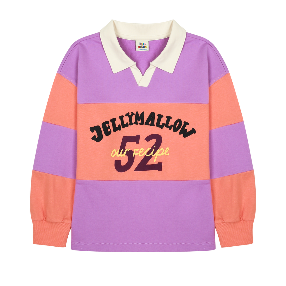 Children’s long-sleeve rugby-style shirt with wide purple and orange stripes, a cream collar, and “Jellymallow 52 Our Recipe”