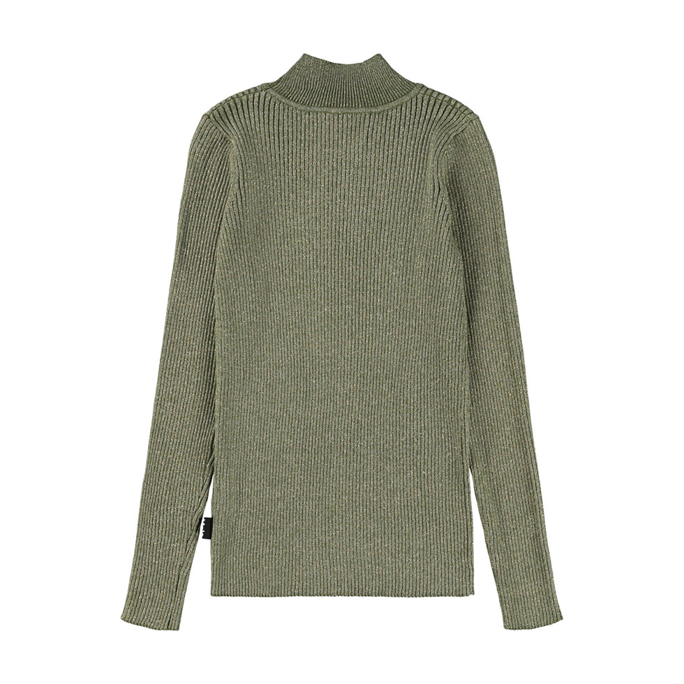 Molo Ginevra Jumper in Golden Evergreen – ribbed green knit jumper with high neck and long sleeves