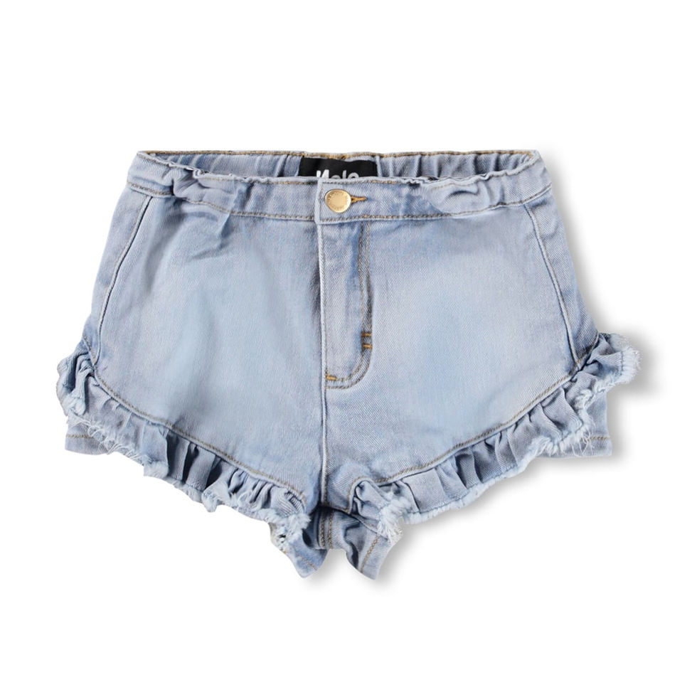 Light blue children’s denim shorts with ruffled trim and elastic waistband.