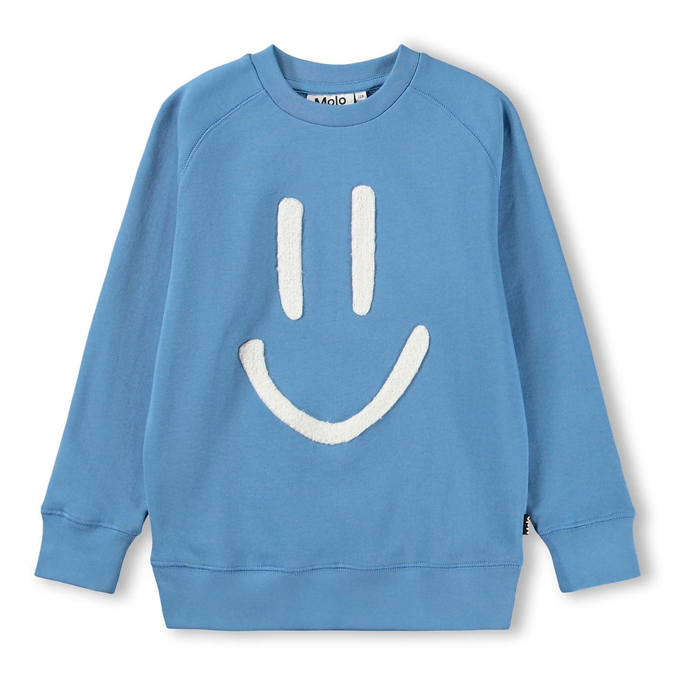 Blue children’s sweatshirt with a large white smiley face graphic on the front and ribbed cuffs and hem.