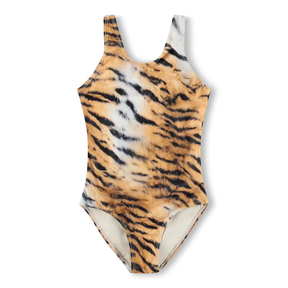 Children’s one-piece swimsuit with a tiger print pattern in orange, black, and white.