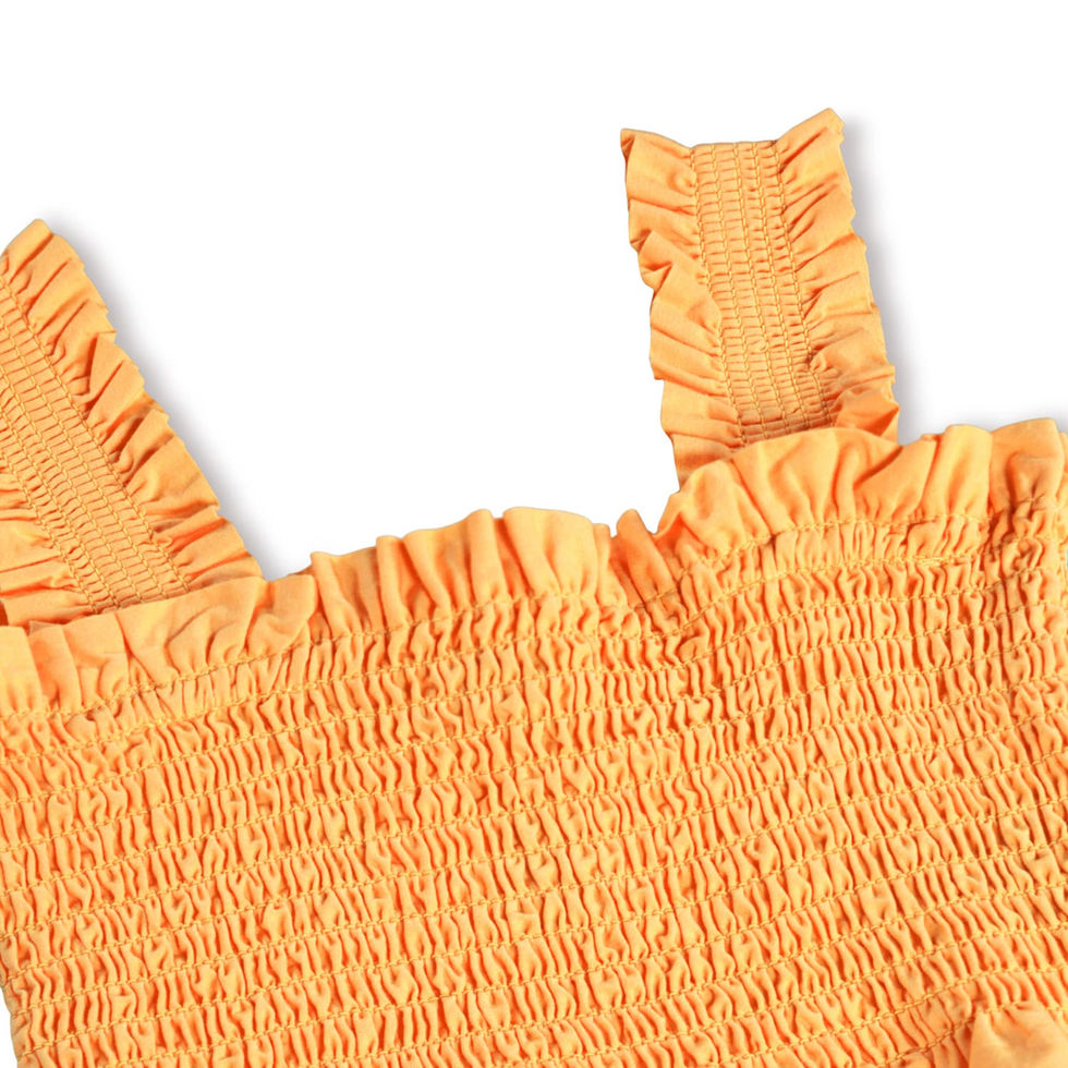 Close-up of the top showing smocked texture and strap detail.