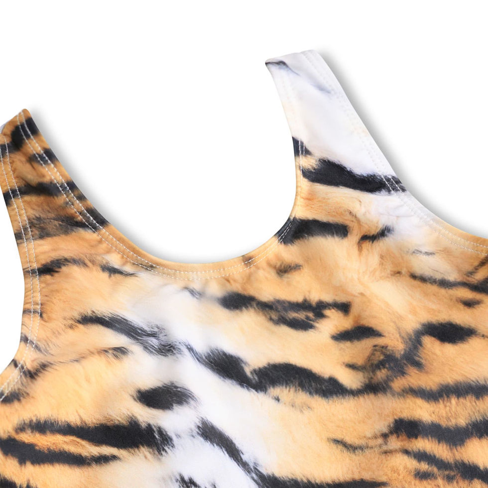 Close-up of the swimsuit showing the tiger pattern and neckline detail.