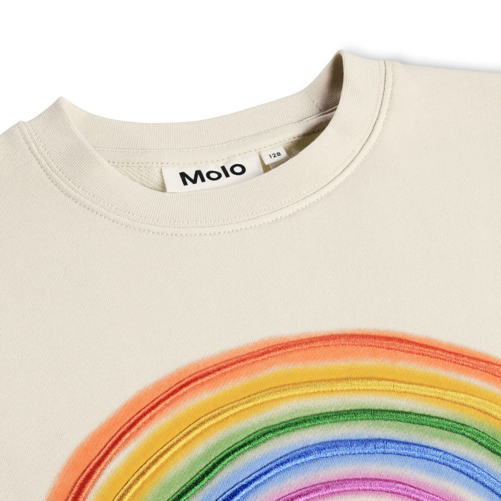 Close-up of the sweatshirt showing neckline and rainbow print detail.