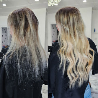 Before and after hair extensions and color by Your Favorite Salon in Orlando, featuring hand-tied wefts, I-Tip, K-Tip, and tape-ins with highlights and balayage