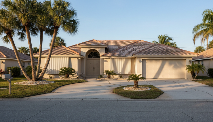 Eye-level view of a home roof with hurricane shutters on the windows in a coastal Florida neighborhood.