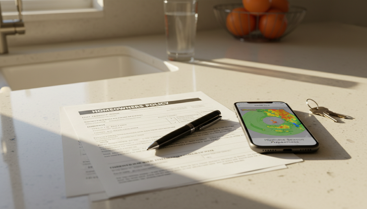 Close-up view of insurance papers and a phone on a kitchen counter.