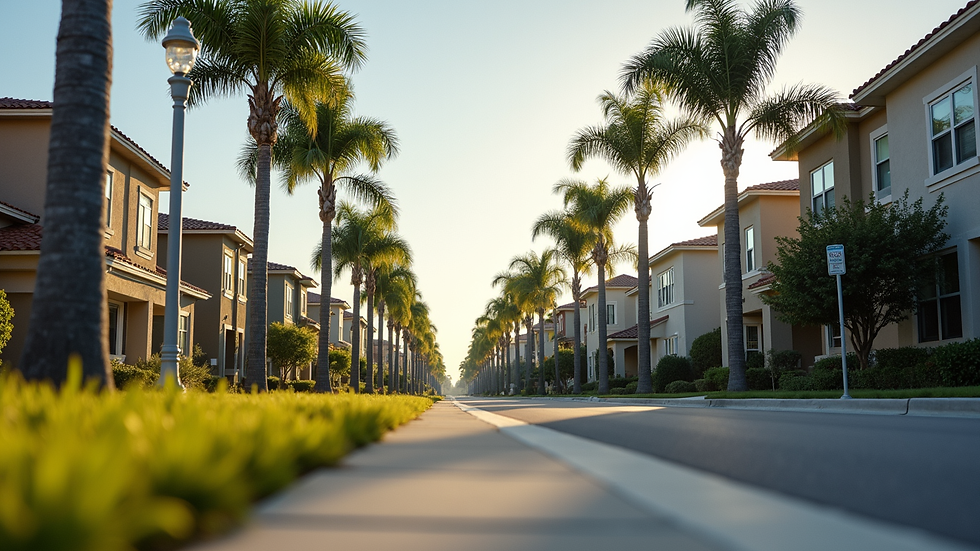 Eye-level view of a modern Tampa Bay neighborhood street