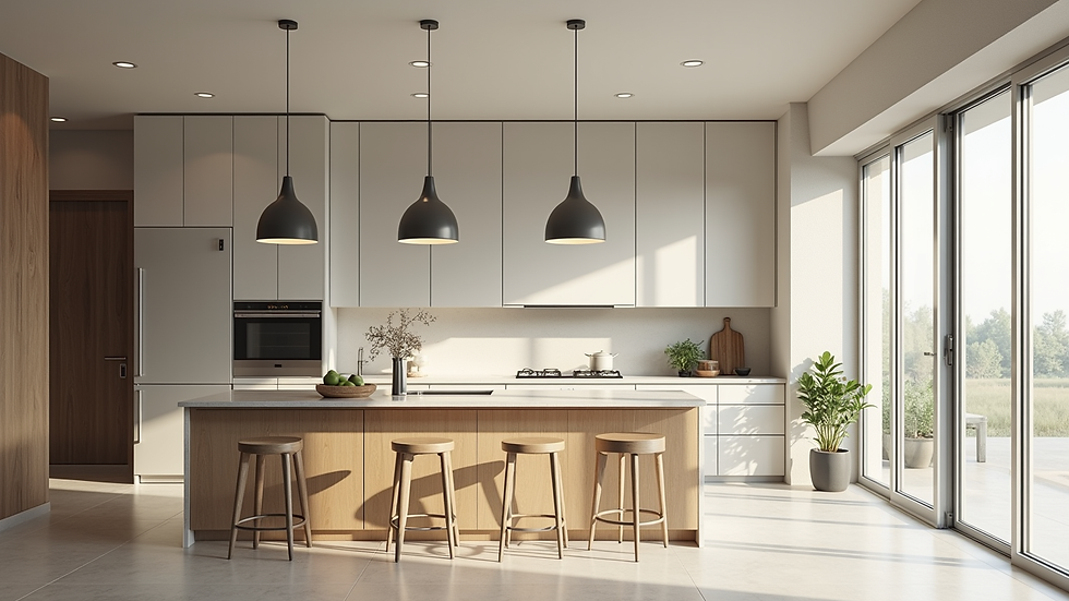 Wide angle view of a modern kitchen in a Largo home with natural light