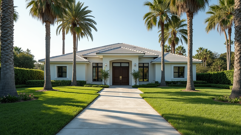 Eye-level view of a modern Florida home with palm trees in the front yard