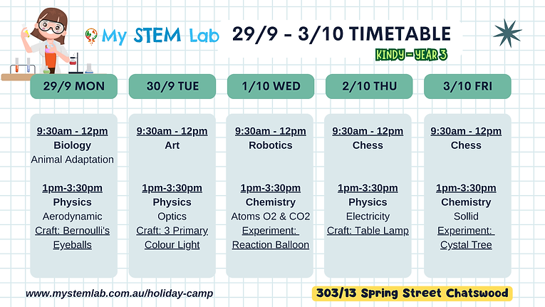 2025 October School Holiday Daycare Programme Vacation Care Timetable Schedule Science STEM Crafting