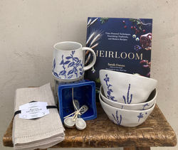 Retail-blue print ceramic,cook book, napkin