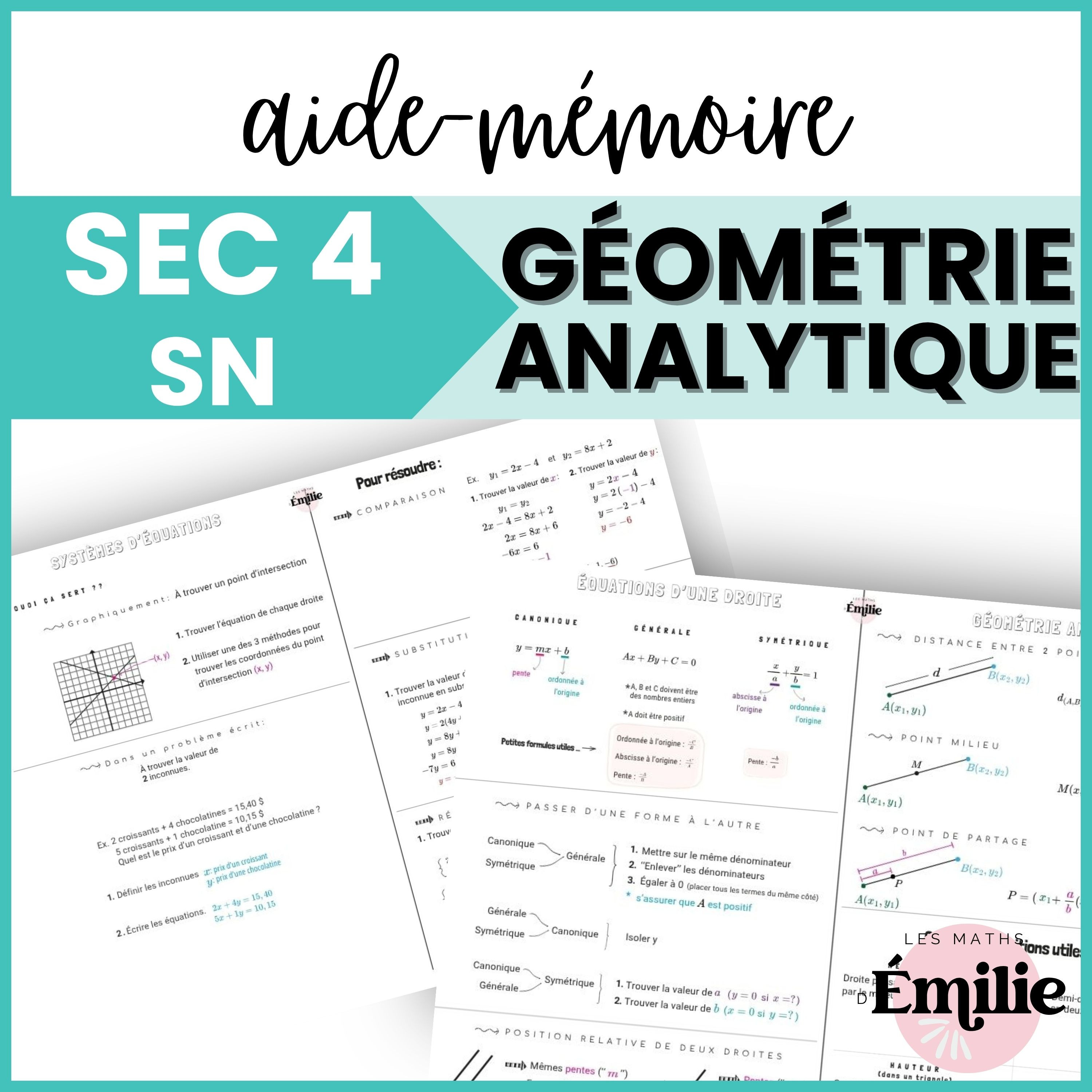 AIDE-MÉMOIRE Sec.4 SN – GÉOMÉTRIE ANALYTIQUE