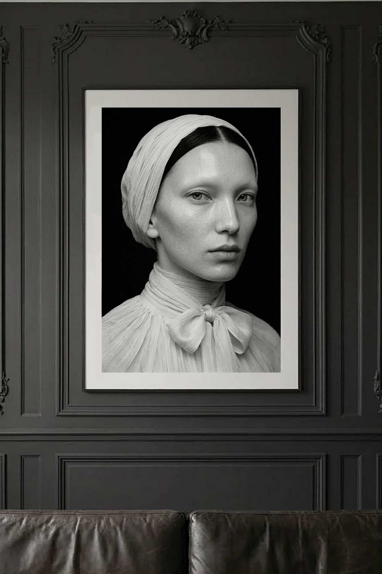 Aida — black-and-white fine art portrait of a woman in a pale headwrap and lace collar, by HRÈ / Katarzyna Karlen.