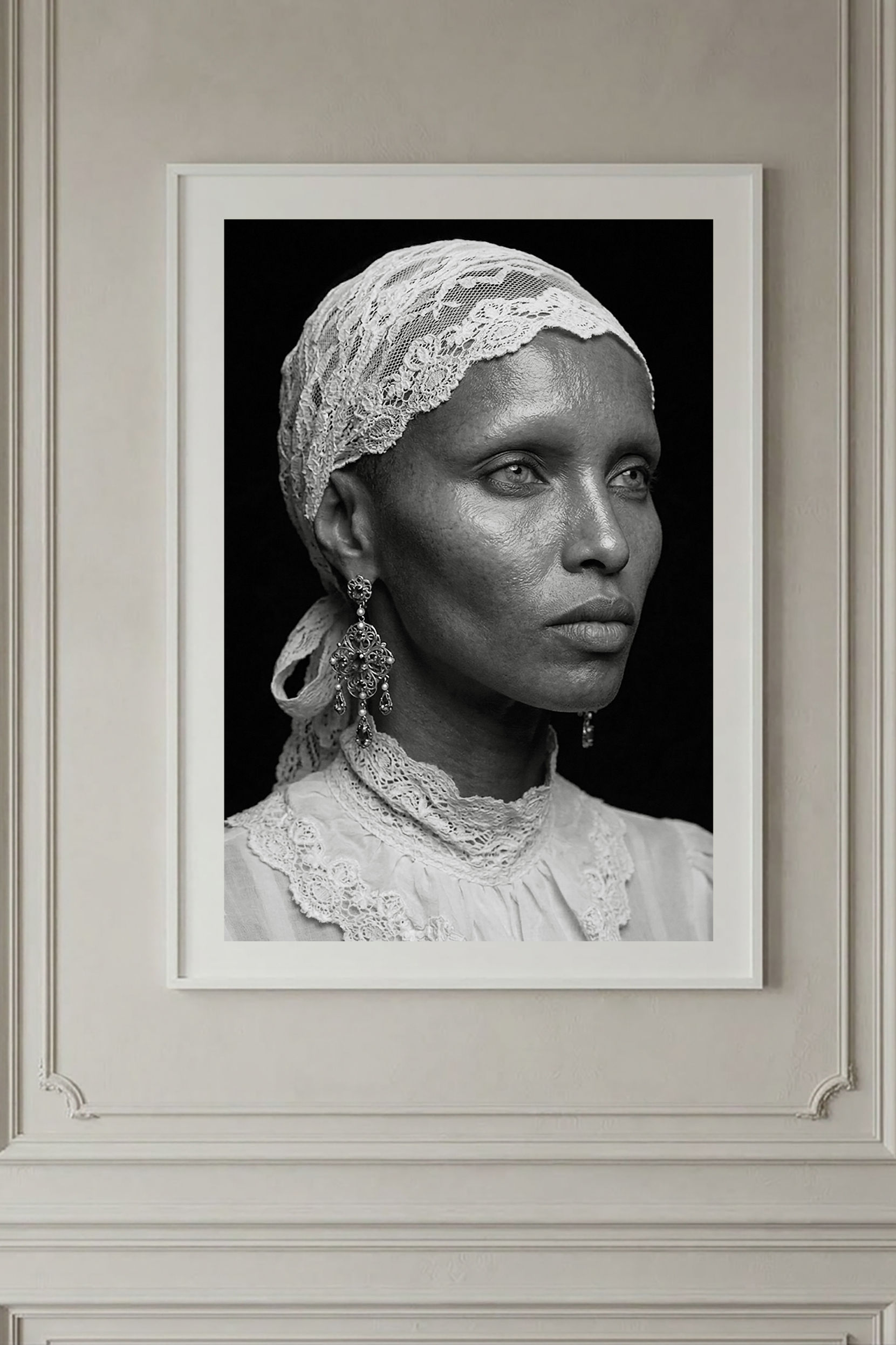 Greta — black-and-white fine art portrait, a woman in a headwrap with a single hoop earring and lace, by HRÈ