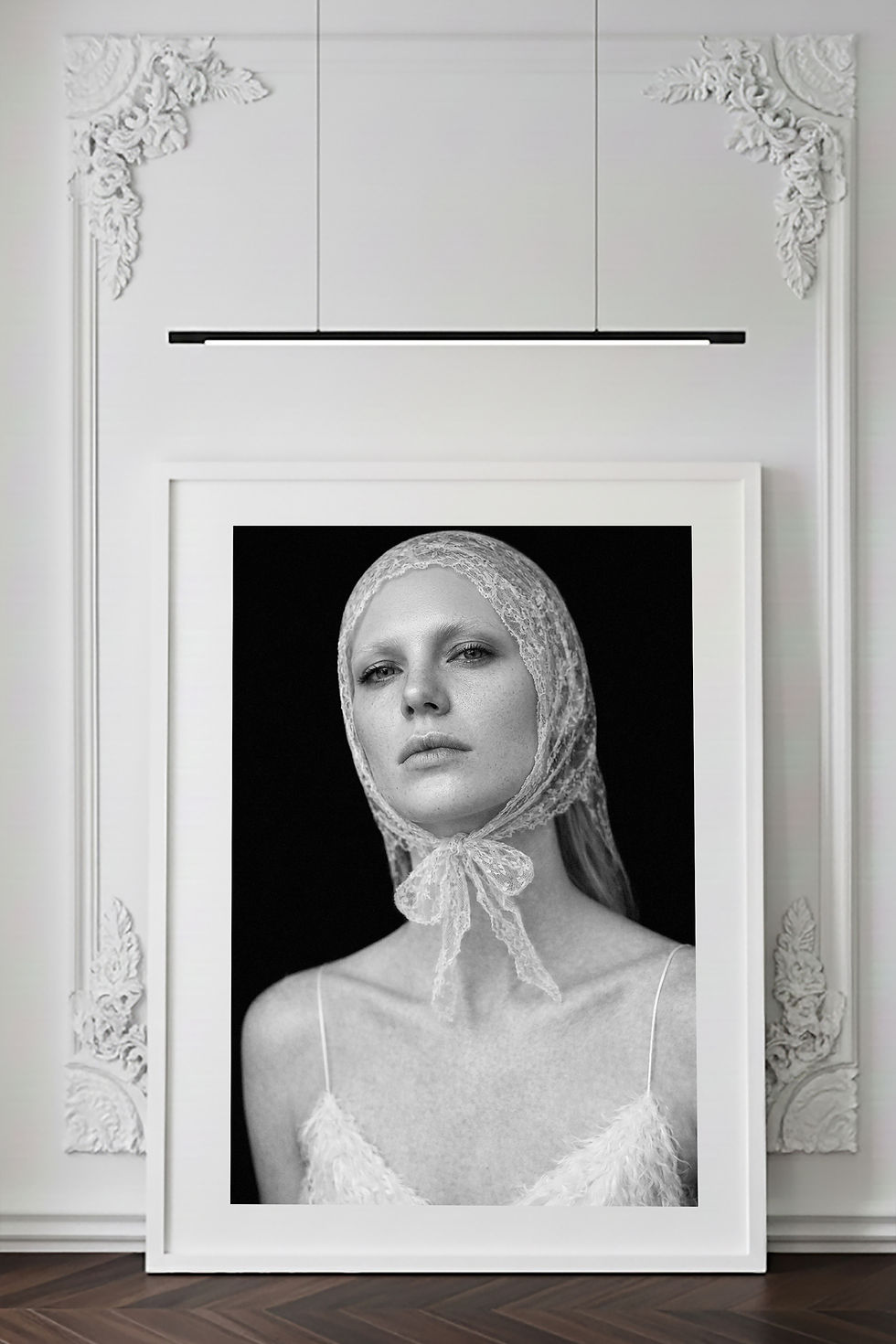 Thumbnail: Nari — black-and-white fine art portrait, a pale figure with lowered gaze and lace rising along the neck, by HRÈ 
