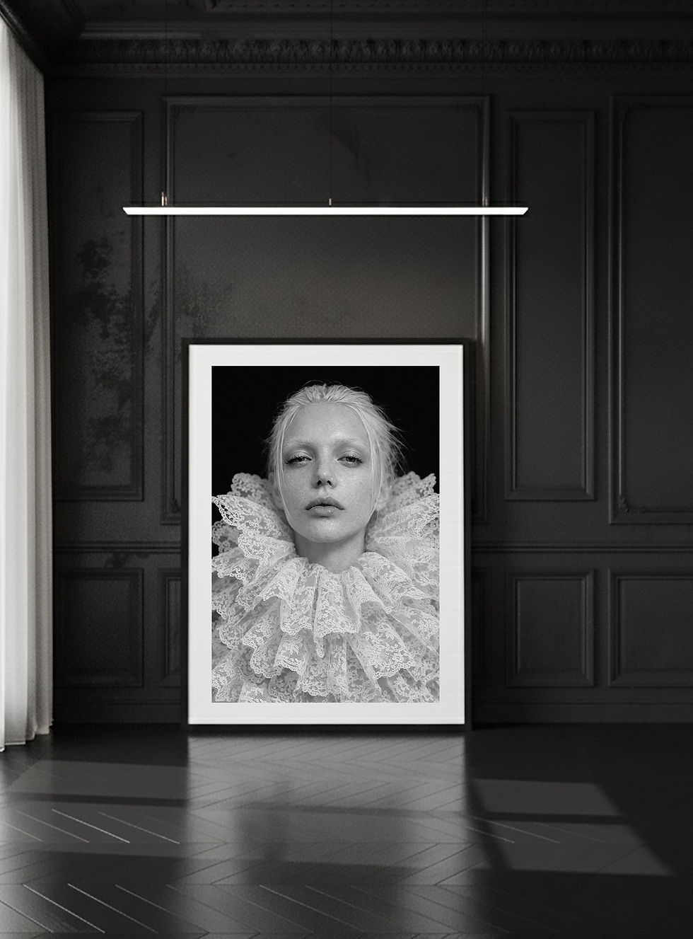 Mathilde — black-and-white fine art portrait, a pale woman in a pleated ruff collar, by HRÈ / Katarzyna Karlen.