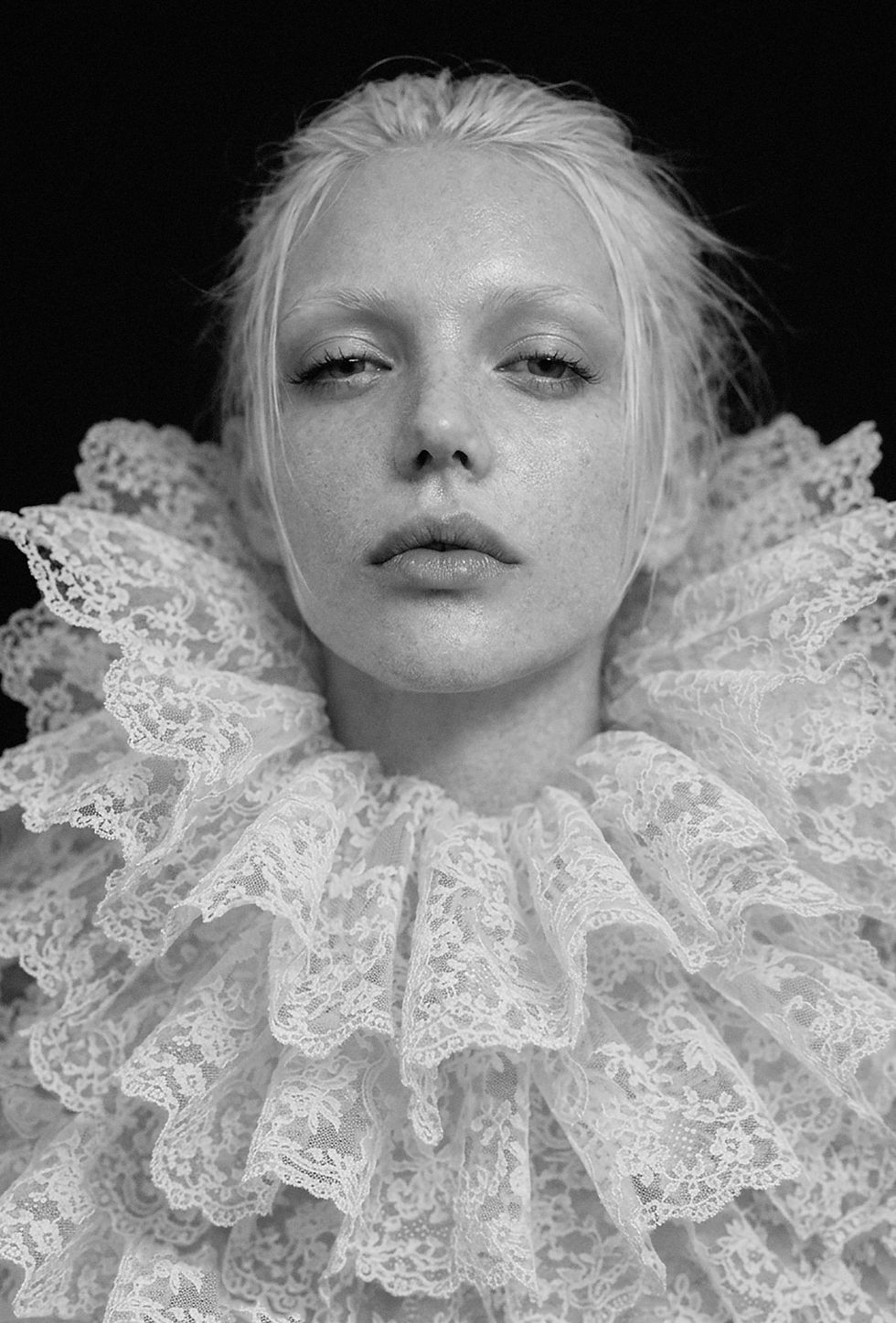 Thumbnail: Mathilde — black-and-white fine art portrait, a pale woman in a pleated ruff collar, by HRÈ / Katarzyna Karlen.