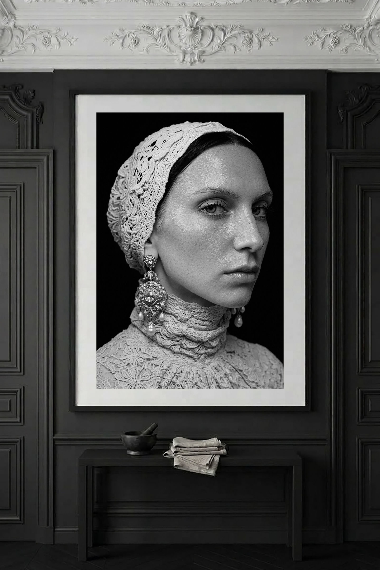 Léonia — black-and-white fine art portrait, a woman framed in lace, turned slightly in thought, by HRÈ / Katarzyna Karlen.