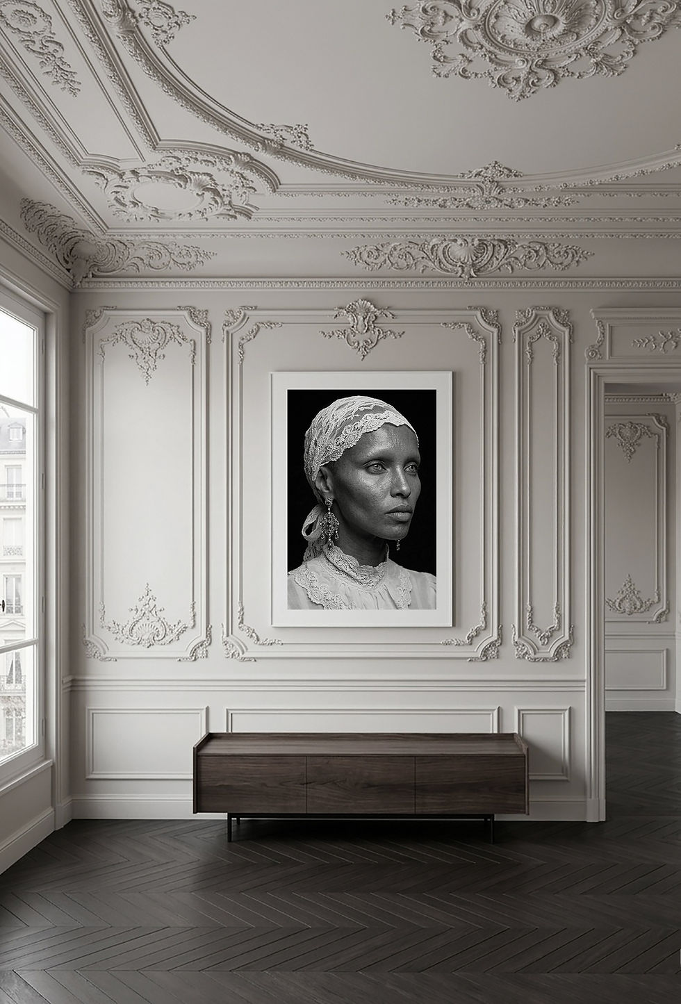 Greta — black-and-white fine art portrait, a woman in a headwrap with a single hoop earring and lace, by HRÈ
