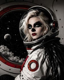 Clarapetra wearing a retro astronaut helmet inside the CATATONIA offworld album world with stars and noir red accents