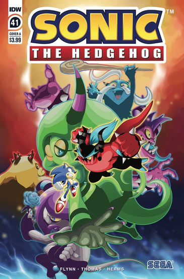 Cover of Sonic The Hedgehog #41 (Adam Bryce Thomas variant) shows Sonic and Zavok about to collide in mid air with their fists pulled back. Behind them are drawings of the other members of The Deadly Six holding different poses.