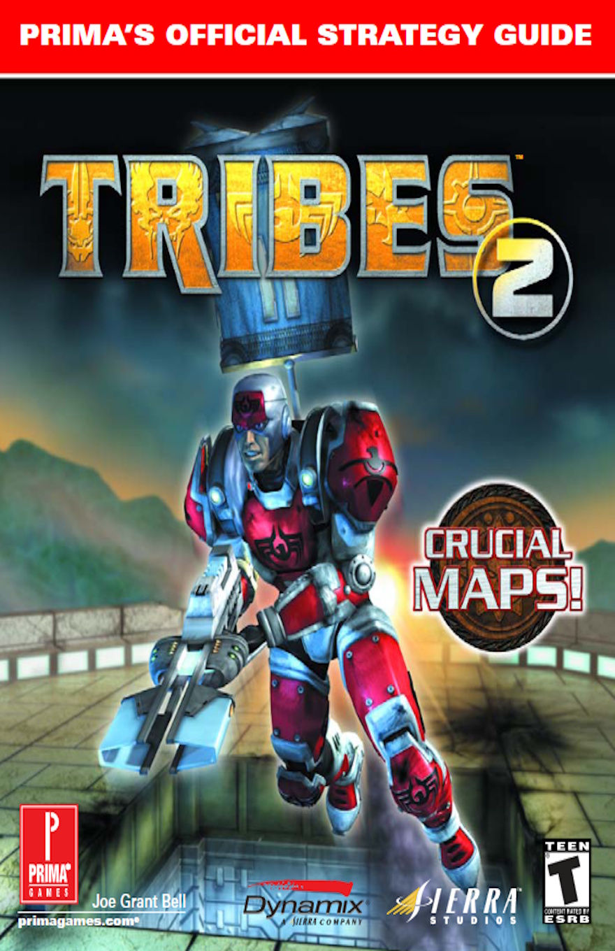 The cover features the Tribes 2 logo along the top of the page. Under that there is a man using a jetpack to ascend in the air just above a building. He's holding a flag and some sort of weapon while wearing a red suit of armor. In the background you can see mountains.