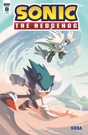 Cover of Sonic The Hedgehog #8 (Nathalie Fourdraine variant) shows Sonic and Silver in a desert. They appear to be having a good time moving through it, Sonic with a slight smirk and Silver flying through the air with a big smile on his face.