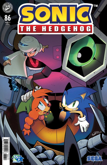 Cover of Sonic The Hedgehog #86 (Thomas Rothlisberger variant) features Sonic and Belle stuck inside the chest of a giant robotic monster. The monster has one hand out in front of itself with claws on each finger. Its head is pink and silver and it has one red eye and one bulging green eye. Sage is by the monster's head with one hand stretched toward its head.