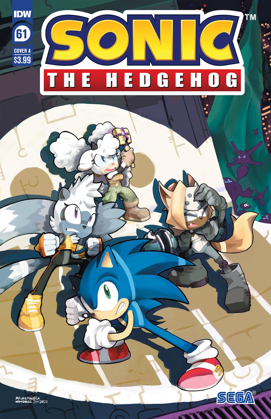 Cover of Sonic The Hedgehog #61 (Mauro Fonseca variant) has Sonic, Tangle, Lanolin, and Whisper standing on the roof of a building with a giant light shining down on them, they all seem to have worried but determined faces as if they were making a last stand. Off the side of the building you can see silhouettes of several creatures or robots flying while staring at our heroes.
