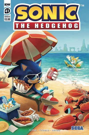 Cover of Sonic The Hedgehog #41 (Natalie Haines variant) features Sonic sittin in a chair on a beach. There's a broken badnik next to him. Sonic is holding a chili dog and soda in his hands. Next to him is more chili dogs, and also a cooler with more soda and some popsicles in them. In the water Tails has a surfboard in his hands and he's waving towards Sonic.