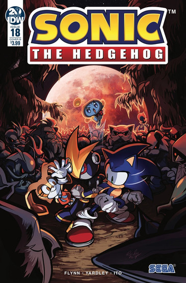 Cover of Sonic The Hedgehog #18 (Lamar Wells variant) has Sonic and Gemerl standing back to back. Cream is peeking out from behind Gemerl and is waving at Sonic who is turning around concerned to look at her. Cheese is jumping from behind them with an angry look. Surrounding our heroes are a bunch of characters with red eyes.