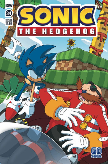 Cover of Sonic The Hedgehog #34 (Jamal Peppers variant) Shows Sonic jumping on Dr Eggman's small flying ship. Sonic looks arrogant with a smile on his face, Dr Eggman looks frustrated. The background looks like a classic Sonic level with dirt in a grid and striped grass.