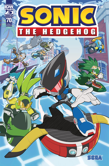 Cover of Sonic the Hedgehog #70 (Aaron Hammerstrom variant) has the Phantom Rider front and center on a flying ship going through a city. Behind them is Surge, Kit, Whisper, and Lanolin on motor bikes. Lemur is wall running alongside a billboard. Jet is on an extreme gear. There's a robot chao holding a camera flying alongside them recording the whole thing.