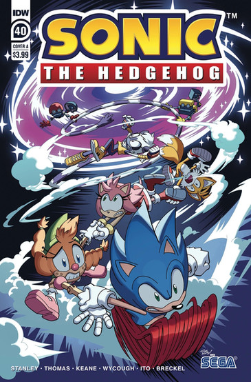 Cover of Sonic The Hedgehog #40 (Tracy Yardley variant) shows many of our heroes running away from a giant portal behind him. He's holding on to Belle's hand, who is holding on to Amy, who has her foot being held on to by Tails, and Tangle is hanging on to one of Tails' tails. Hanging on to Tangle's tail is Orbot and Cubot. All of our heroes have a face expressing fear.