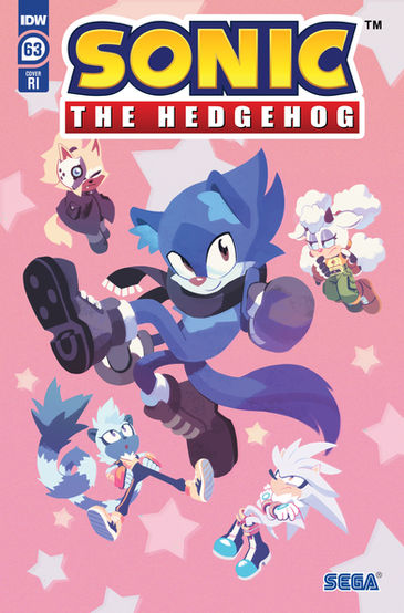 Cover of Sonic The Hedgehog #63 (Nathalie Fourdraine variant) is a pink background with several stars on it. The largest character front and center is Duo the Cat. On every corner of him are smaller drawings of different characters looking towards Duo. Whisper looks to be sleeping, Lanolin looks like they're trying to figure something out, Tangle has wide eyed curiosity, and Silver looks annoyed.