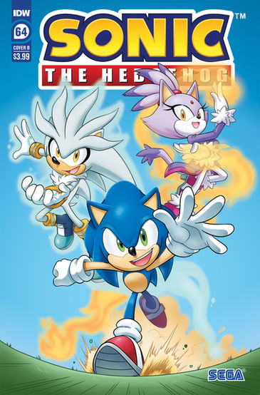 Cover of Sonic The Hedgehog #64 (Jennifer Hernandez variant) has Sonic running in a field toward the reader. Behind him in the air is Silver and Blaze. Silver is glowing, while Blaze has some sort of gold flow flowing around her. Behind them is a cloud of smoke seemingly from an explosion.