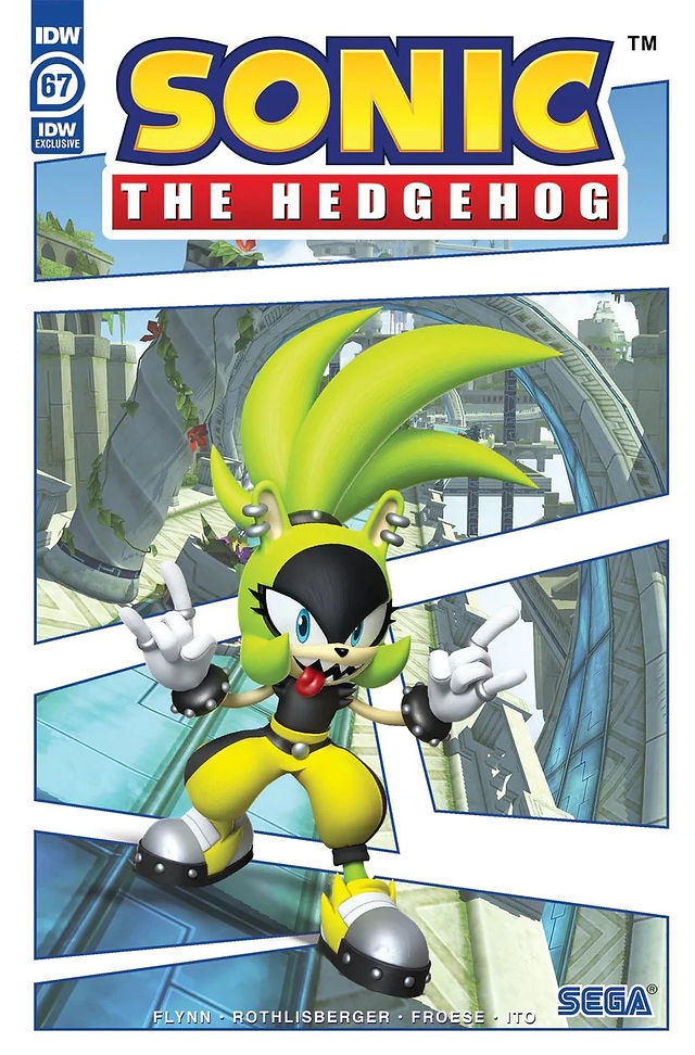 Cover of Sonic the Hedgehog #67 (HARDlight variant) features a 3D render of Surge from the game "Sonic Forces: speed Battle" standing in front of several panels showing a racetrack behind her. Surge has her tongue sticking out and her hands in the air.