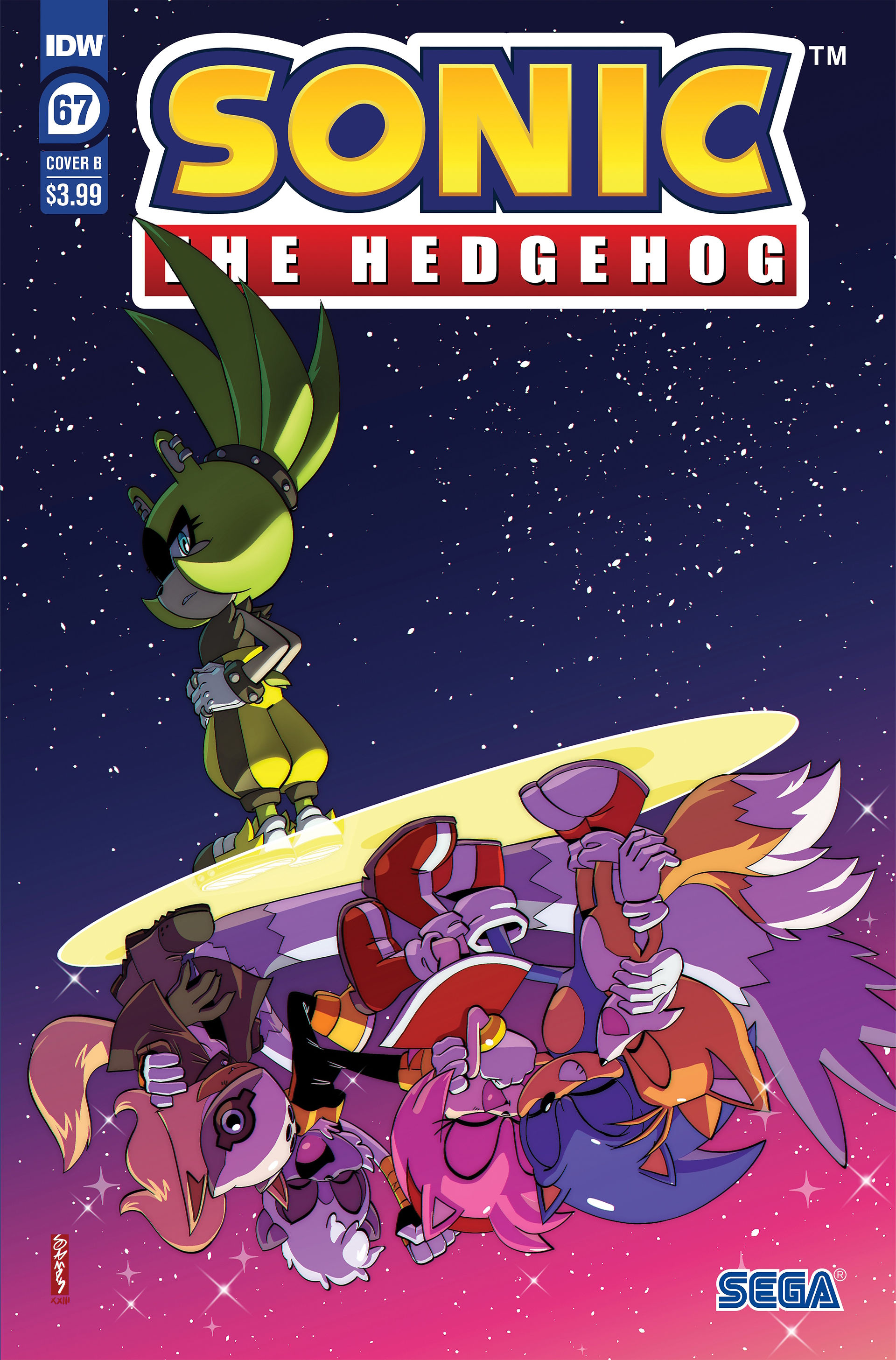 Cover of Sonic the Hedgehog #67 (Ryan Jampole variant) has several characters standing on a yellow ring in space. On top of the ring is Surge looking pensively into space. On the under side of the ring is Sonic, Tails, and Amy embracing in a hug with smiles on their face. Next to them is Tangle and Whisper also hugging with smiles.