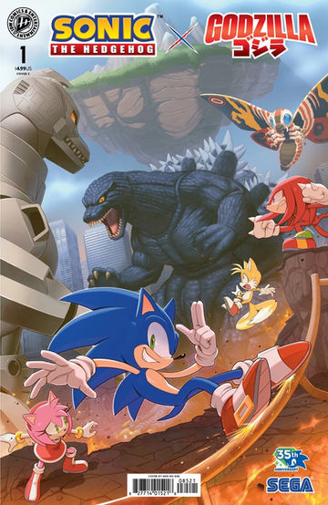 Cover of Sonic the Hedgehog X Godzilla #1 (Min Ho Kim variant) has Sonic in the foreground sliding along a rail and waving to the reader. Tails is flying nearby looking scared. Knuckle is standing on some raised ground trying to look intimidating while Amy stands nearby looking scared. Godzilla and Mechagodzilla are staring at each other above our heroes, with Mothra flying overhead and a floating island in the distance.