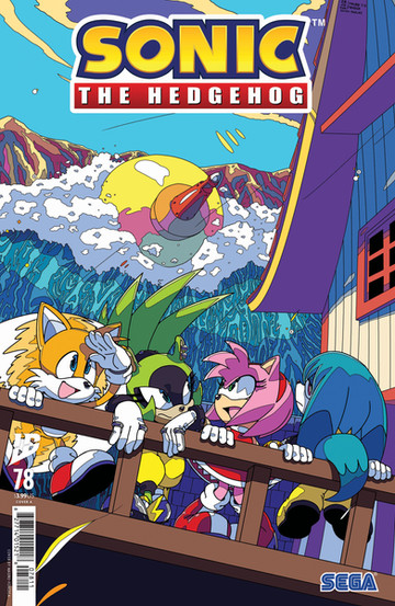 Cover of Sonic the Hedgehog #78 (Mauro Fonseca variant) has Tails, Surge, Amy, and Kit hanging over a hand railing by a house by a mountainside. Surge and Amy turn to look at the mountain where a giant satellite dish looking object seems to be poking out of the mountain while a wave crashes against the mountain.
