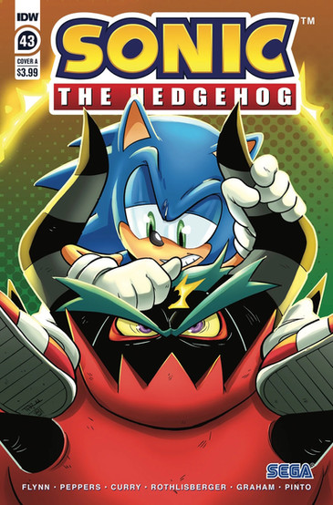Cover of Sonic The Hedgehog #43 (Thomas Rothlisberger variant) shows Sonic sitting on the shoulders of Zavok. Zavok looks annoyed while Sonic has a cheeky grin while holding one of Zavok's horns and tapping him on the head with his other hand.