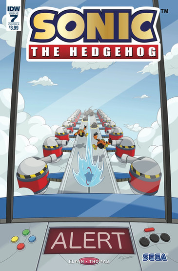 Cover of Sonic The Hedgehog #7 (Kieran Gates variant) shows a cockpit looking out at a part of the ship. There's a screen that says "ALERT" on it. On a long platform sticking out from the ship, there are several turrets on either side pointing that are trying to follow Sonic as he runs across the platform. Two Badniks are thrown to either side from the impact of Sonic. Little puffs of smoke can be seen along the far end of the platform.