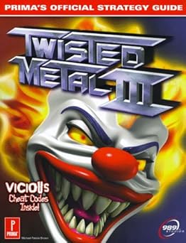 The cover has a giant clown head grinning. His teeth are sharp and his hair is on fire. The background is red on the left side and blue on the right. The "Twisted Metal III" logo is in the top middle.